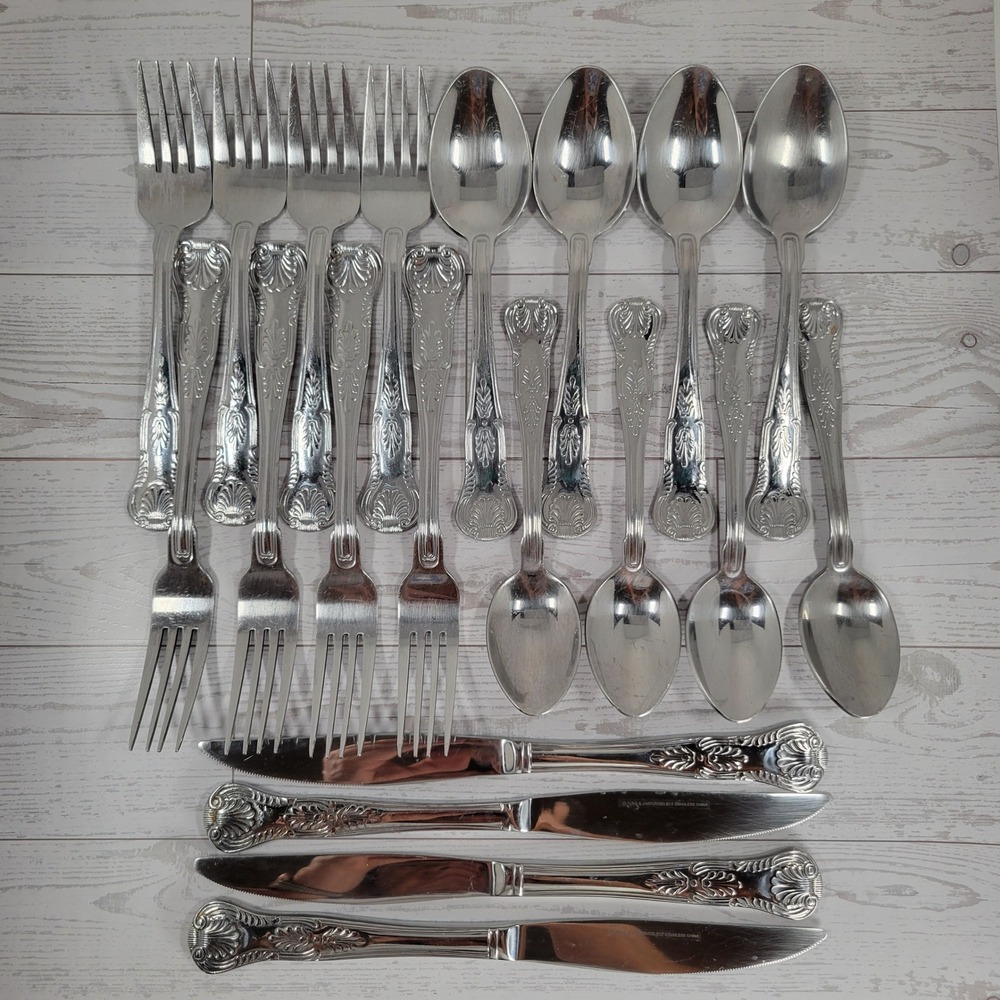 Reed & Barton Select Kings Flatware Set 20pc Silver Shell Scroll Stainless Steel